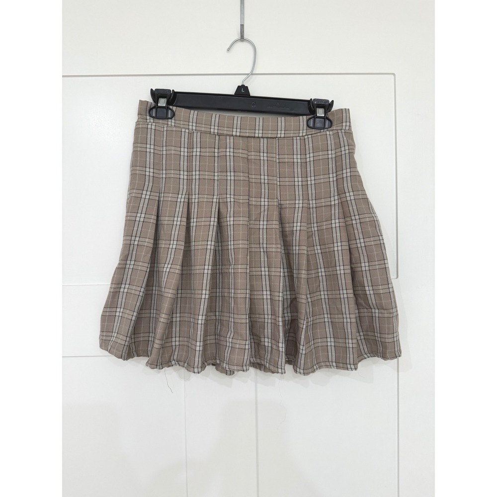 Streetwear Society Plaid Pleated Mini Skirt Tan Brown Preppy Academia L